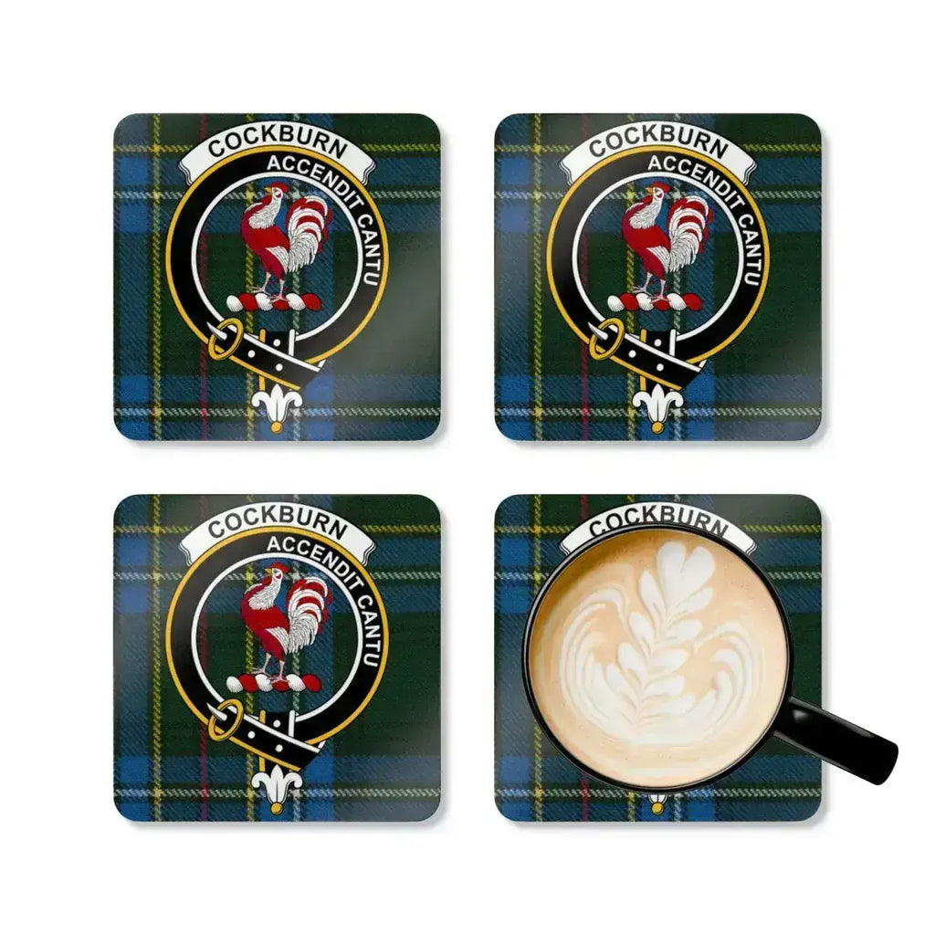 Cockburn clan crest tartan set of four coasters — natural cork base