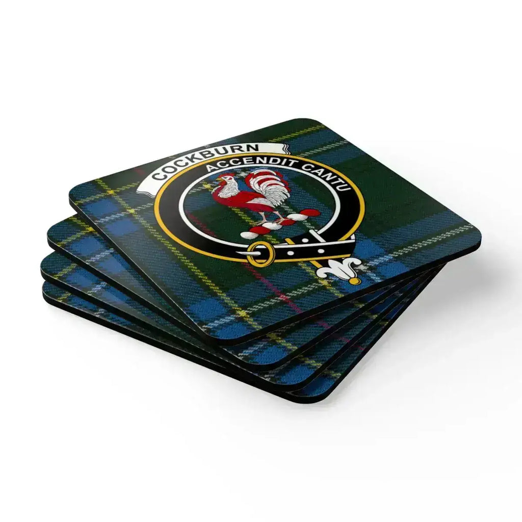 Cockburn clan accendit cantu plaid coasters — four coasters on table