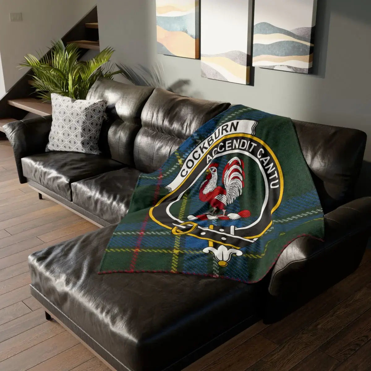 Clan Cockburn accendit cantu rooster crest tartan throw blanket — 100% polyester, sofa display