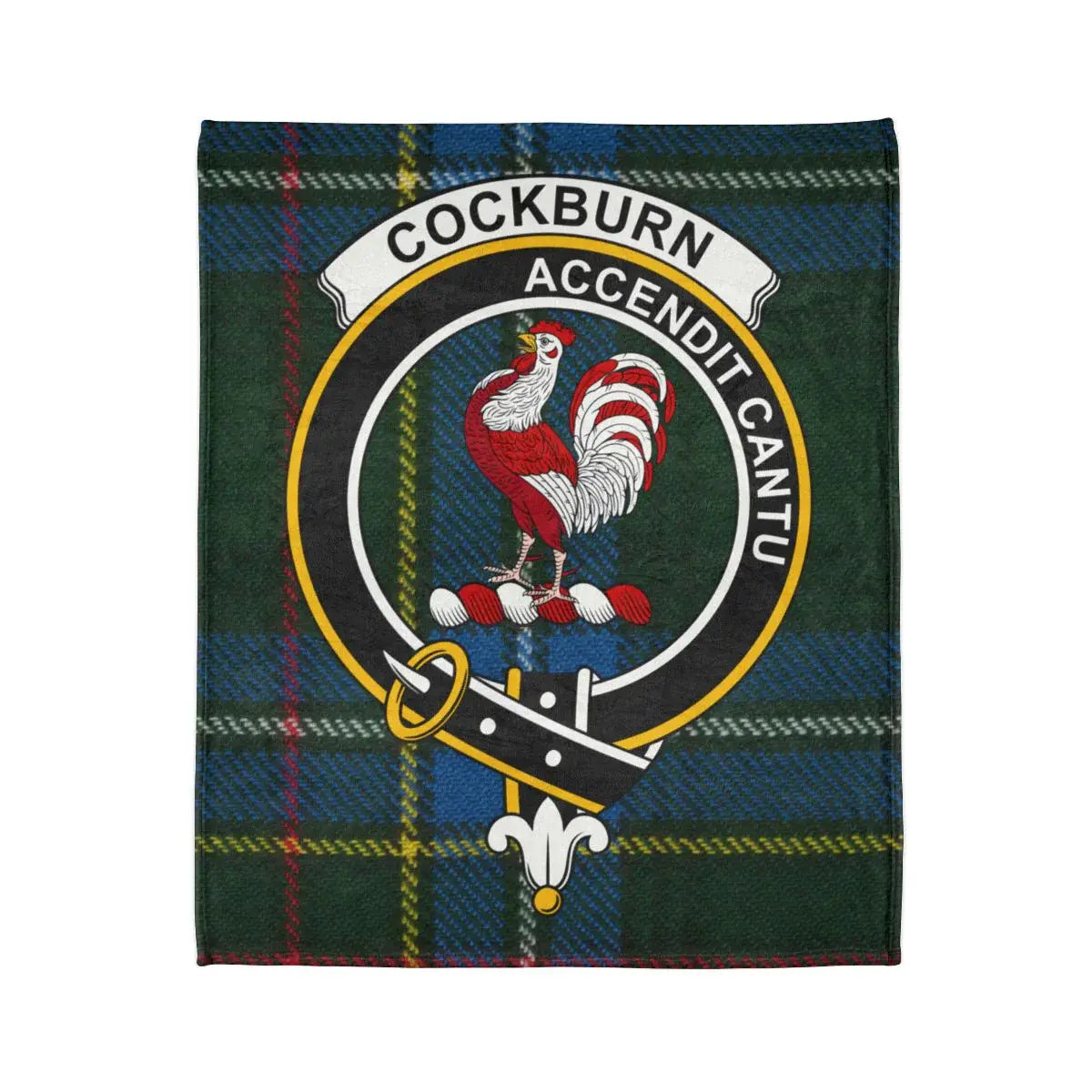 Cockburn clan crest accendit cantu plaid throw blanket — crest detail on polyester