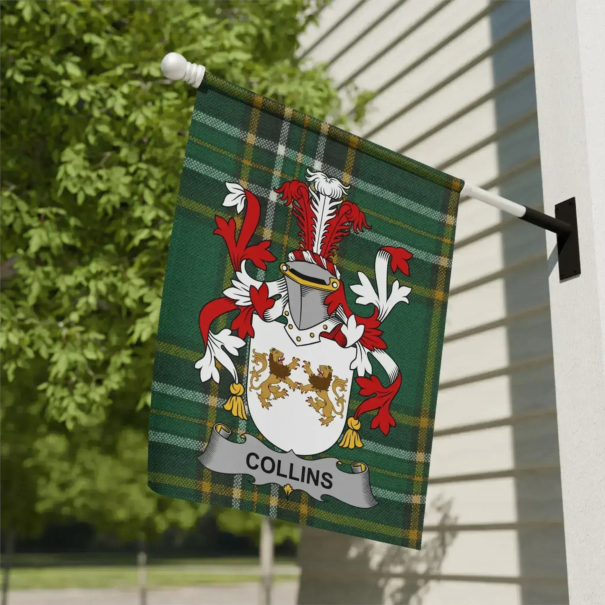 Collins Irish family crest garden flag on an Irish National Tartan background.