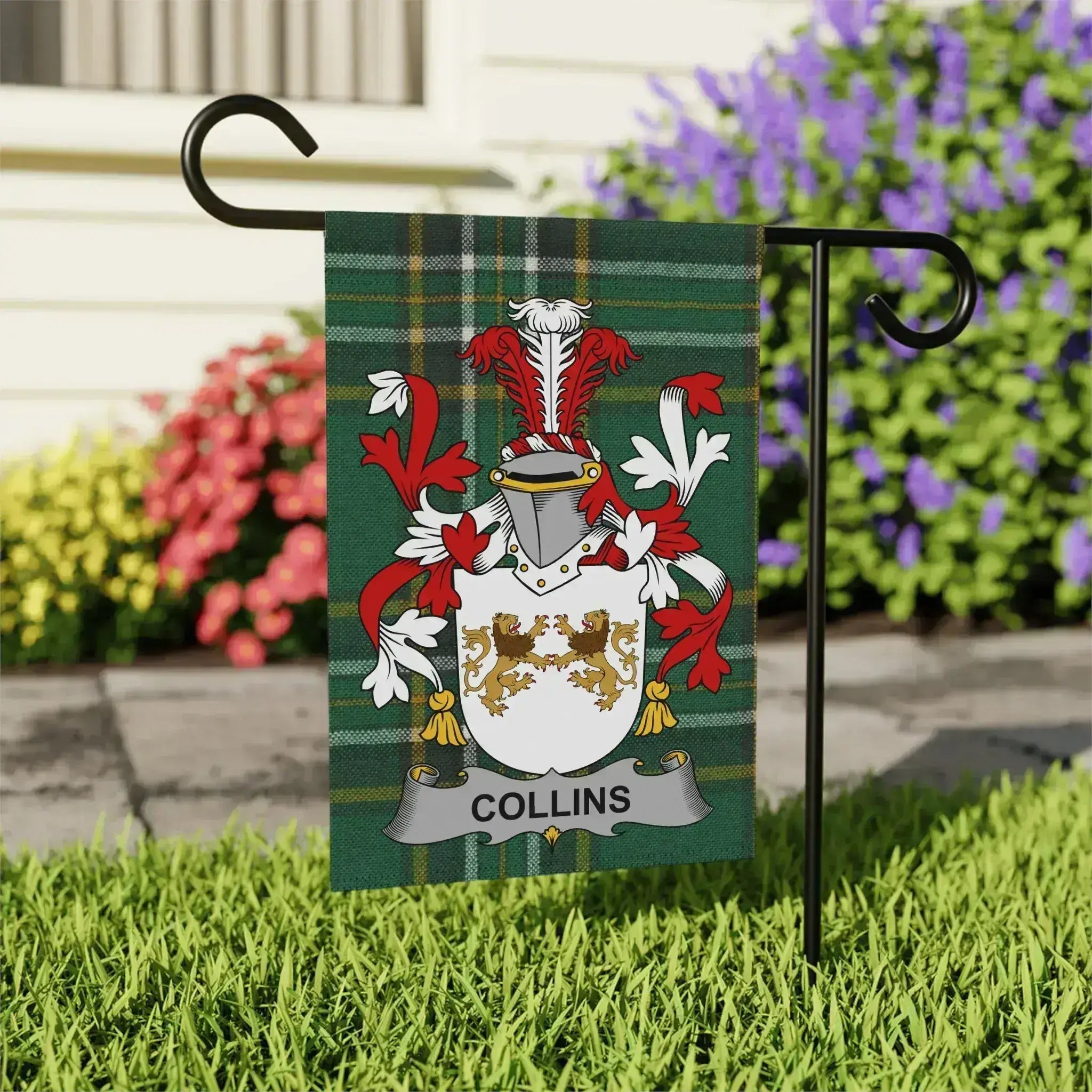 Collins surname emblem garden flag shown with its green tartan design.