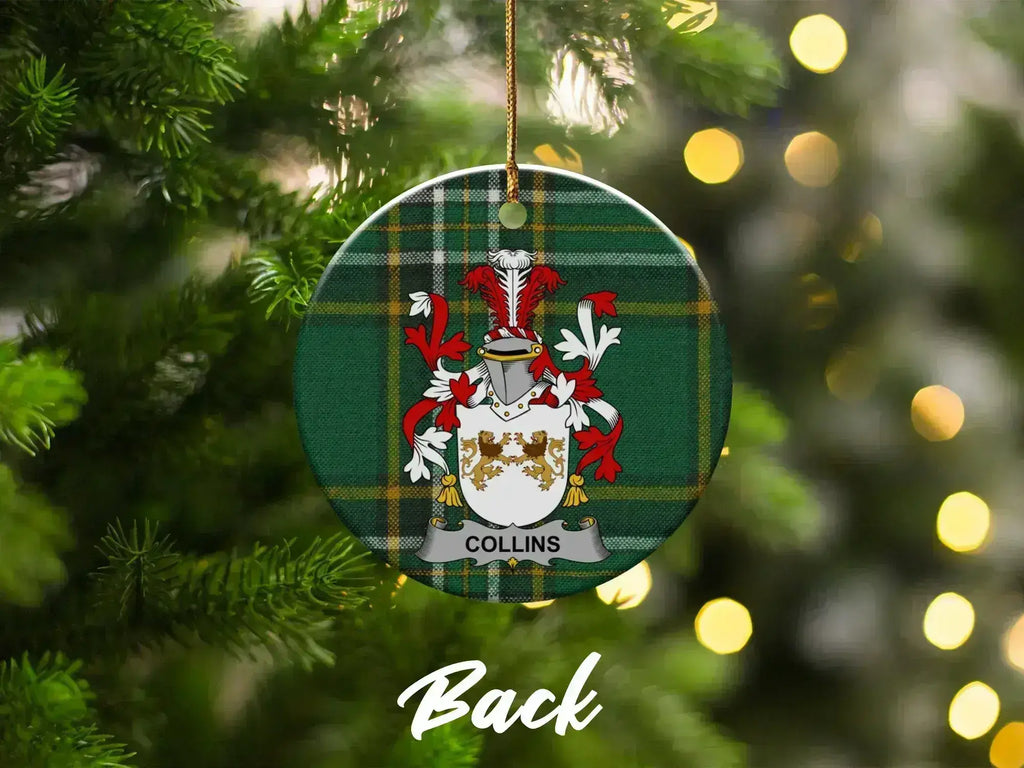 Collins double-sided ceramic ornament with surname emblem on Irish tartan.