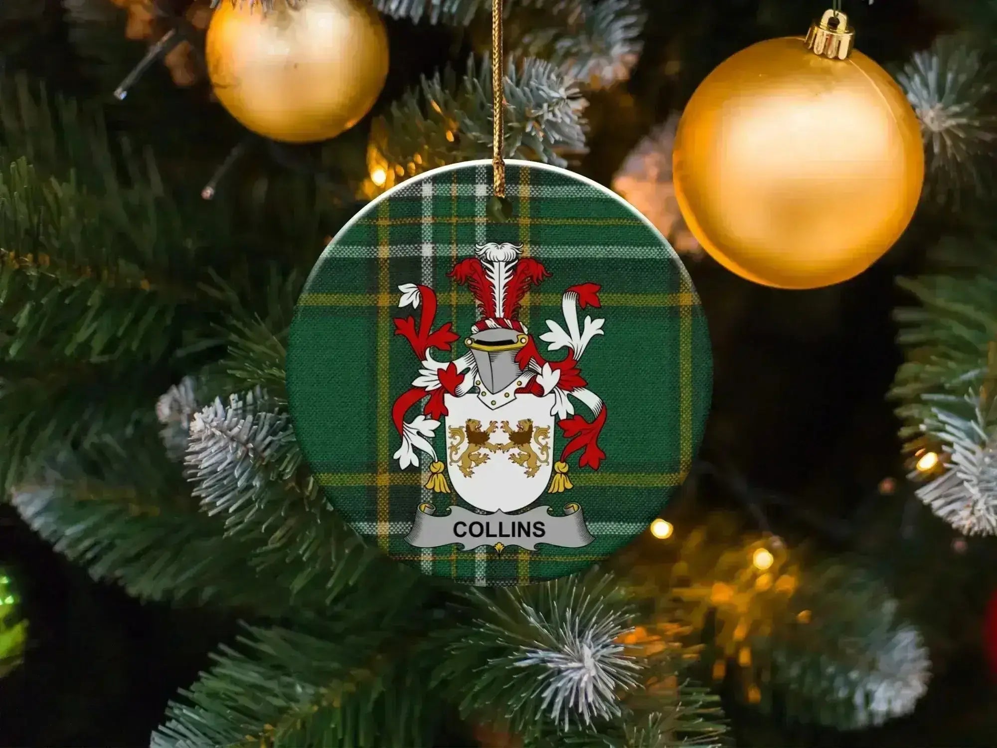 Collins family crest Christmas ornament with pre-drilled hanging hole.