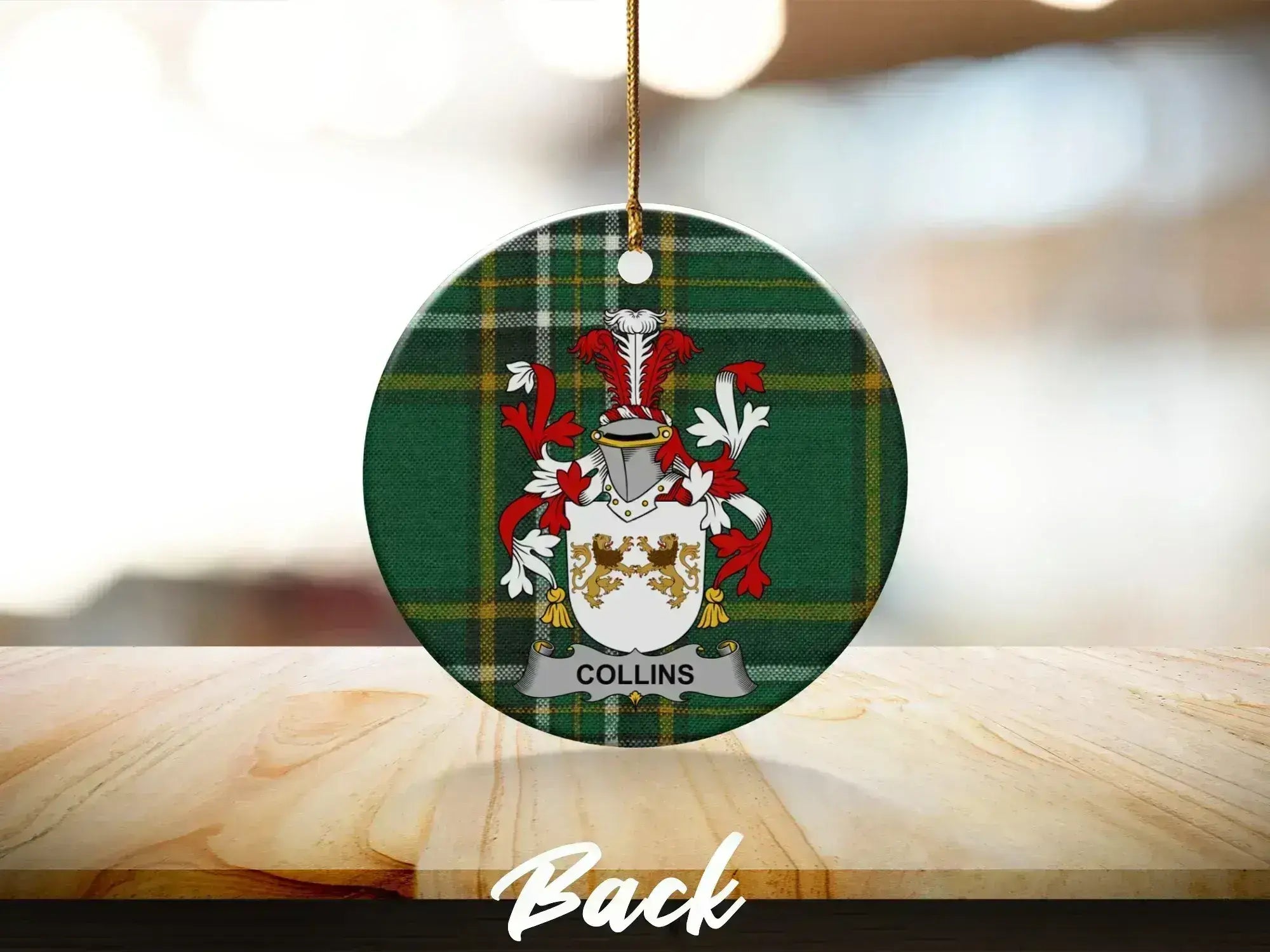 Collins Irish surname ornament supplied with a gold hanging string.