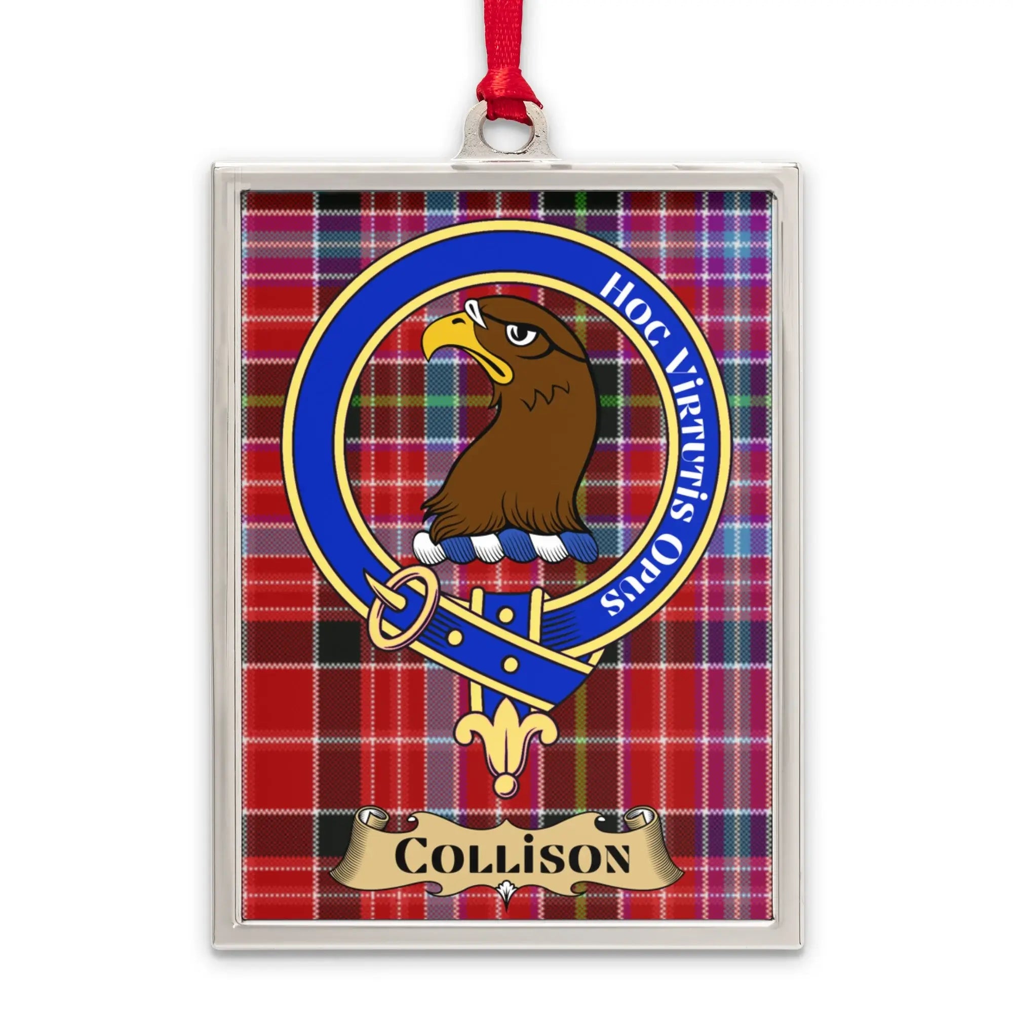 Collison tartan-background crest ornament shown as a Scottish heritage keepsake gift