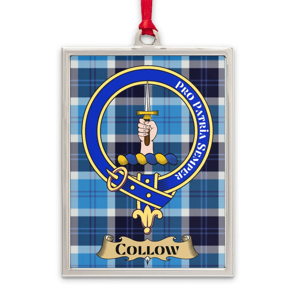 Collow tartan-background crest ornament shown as a Scottish heritage keepsake gift
