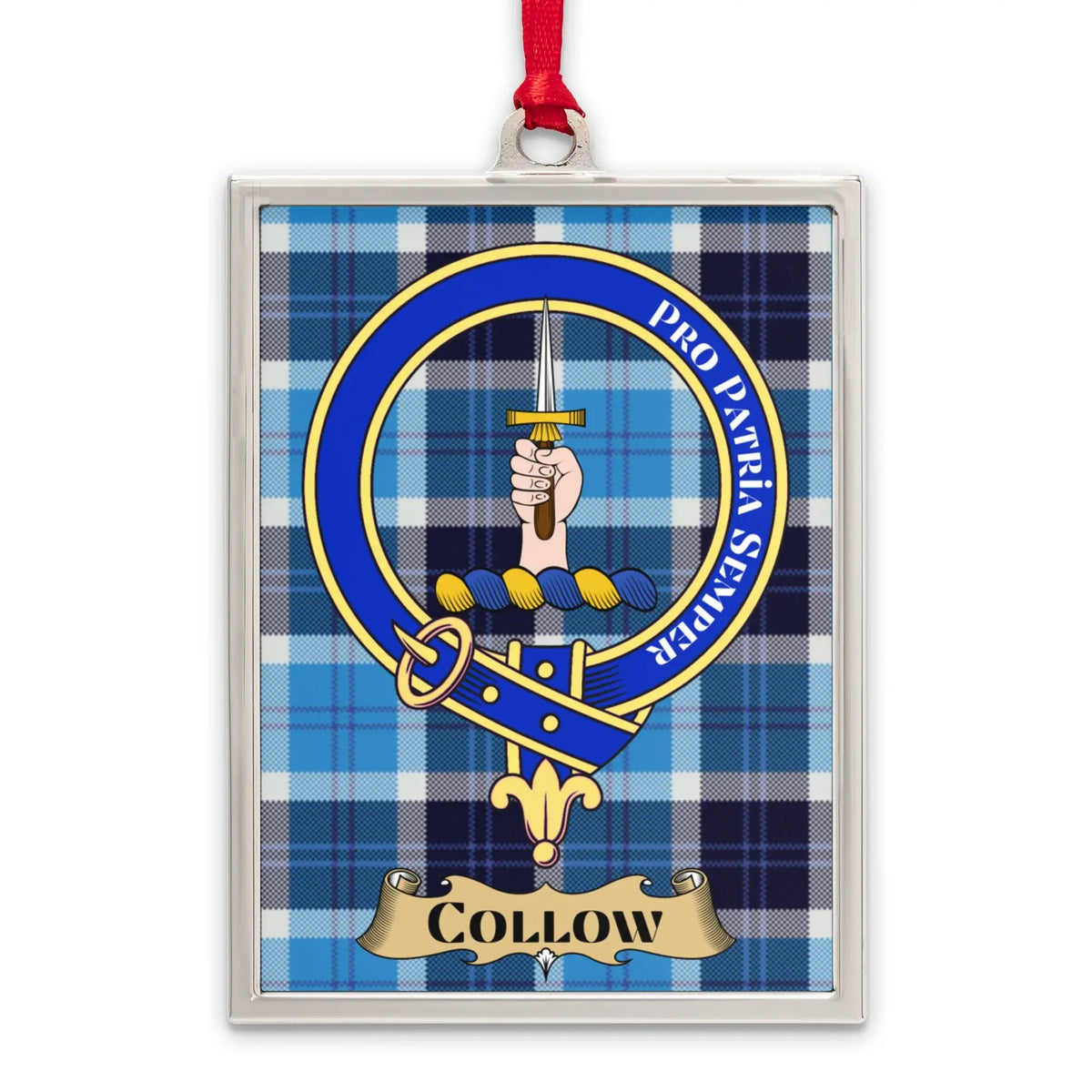 Collow tartan-background crest ornament shown as a Scottish heritage keepsake gift