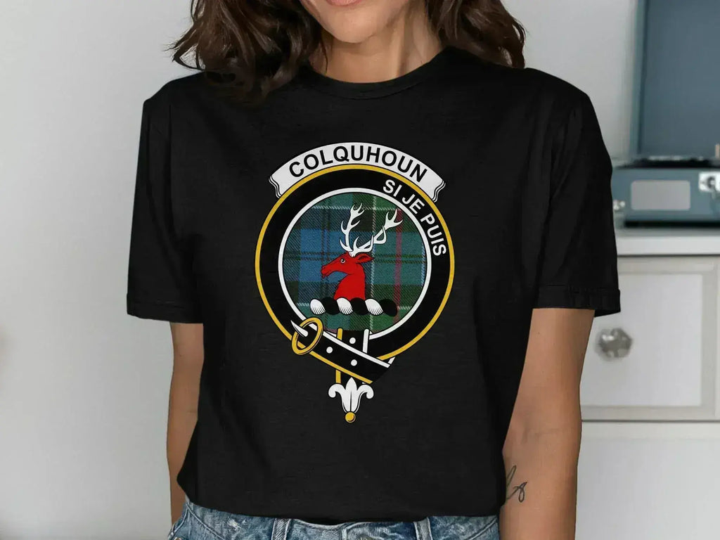 Colquhoun Si Je Puis crest t-shirt in royal blue — heraldic badge design on cotton