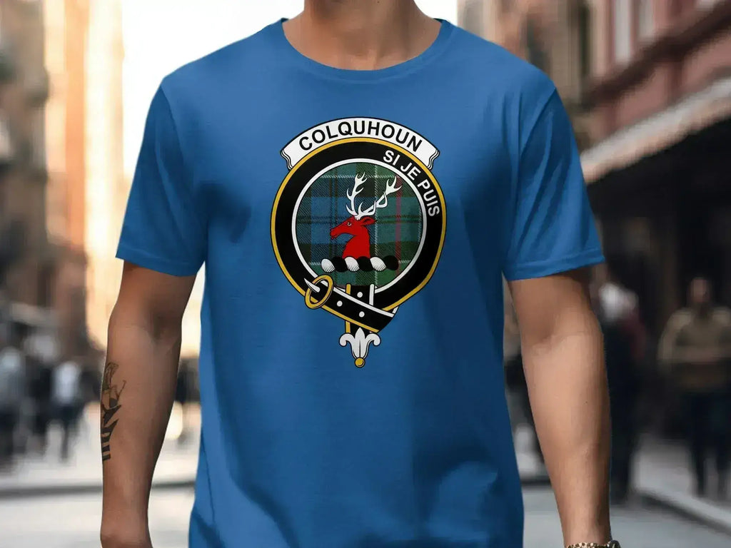 Colquhoun clan crest t-shirt in navy — colourful heraldic design with Si Je Puis motto
