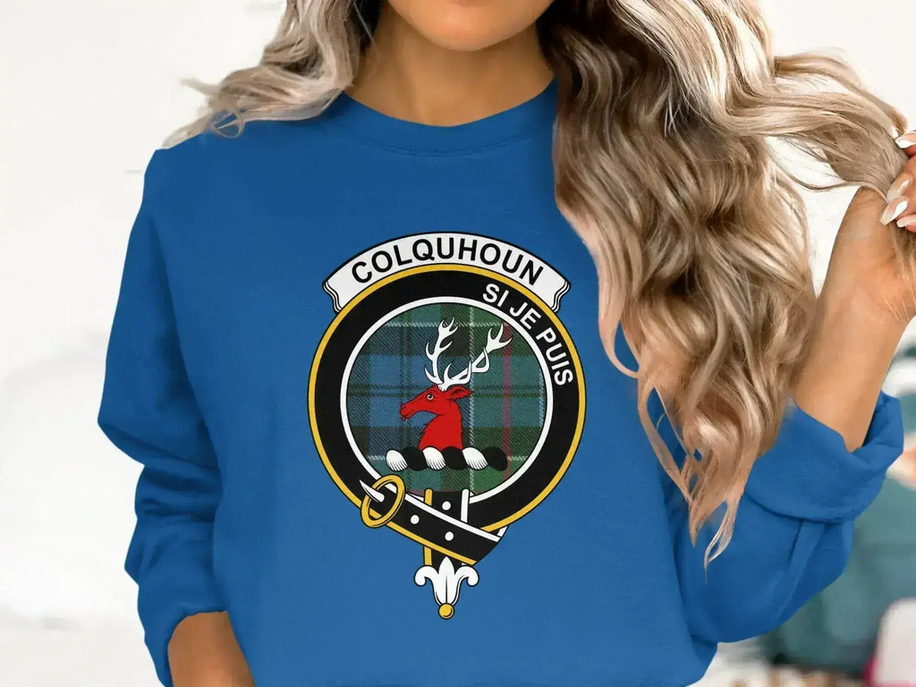 Clan Colquhoun tartan crest sweatshirt — full heraldic design on unisex fleece
