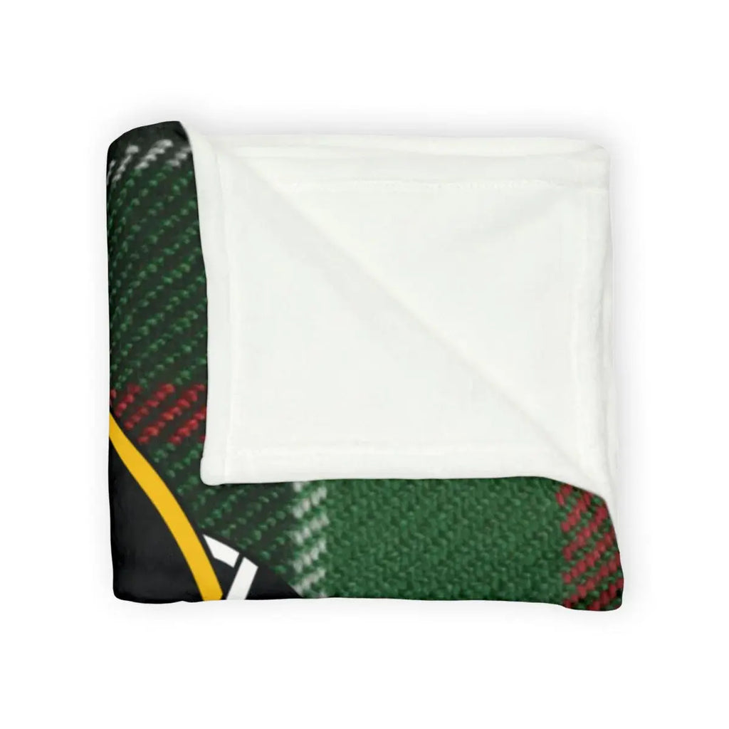 Colquhoun clan crest throw blanket laid flat — 100% polyester, 50x60, green and red plaid