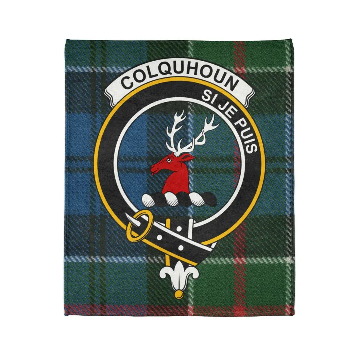 Colquhoun clan crest tartan blanket folded — full stag crest and Si Je Puis design on 50x60 throw