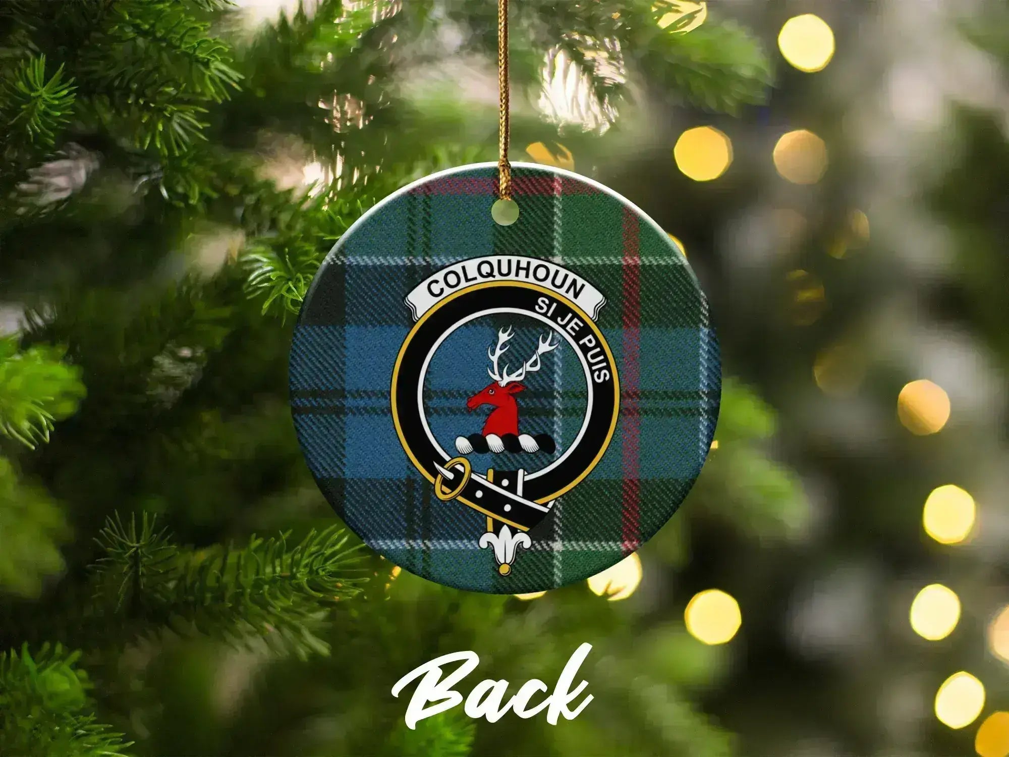 Colquhoun clan tartan ornament on Christmas tree — glossy ceramic with heraldic crest