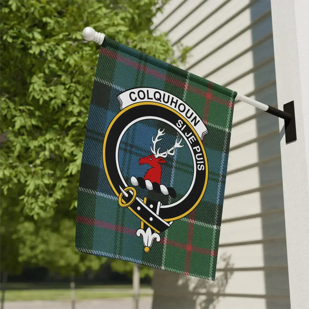 Colquhoun clan crest tartan garden flag 12x18 inches — poly poplin-canvas with stag heraldic design