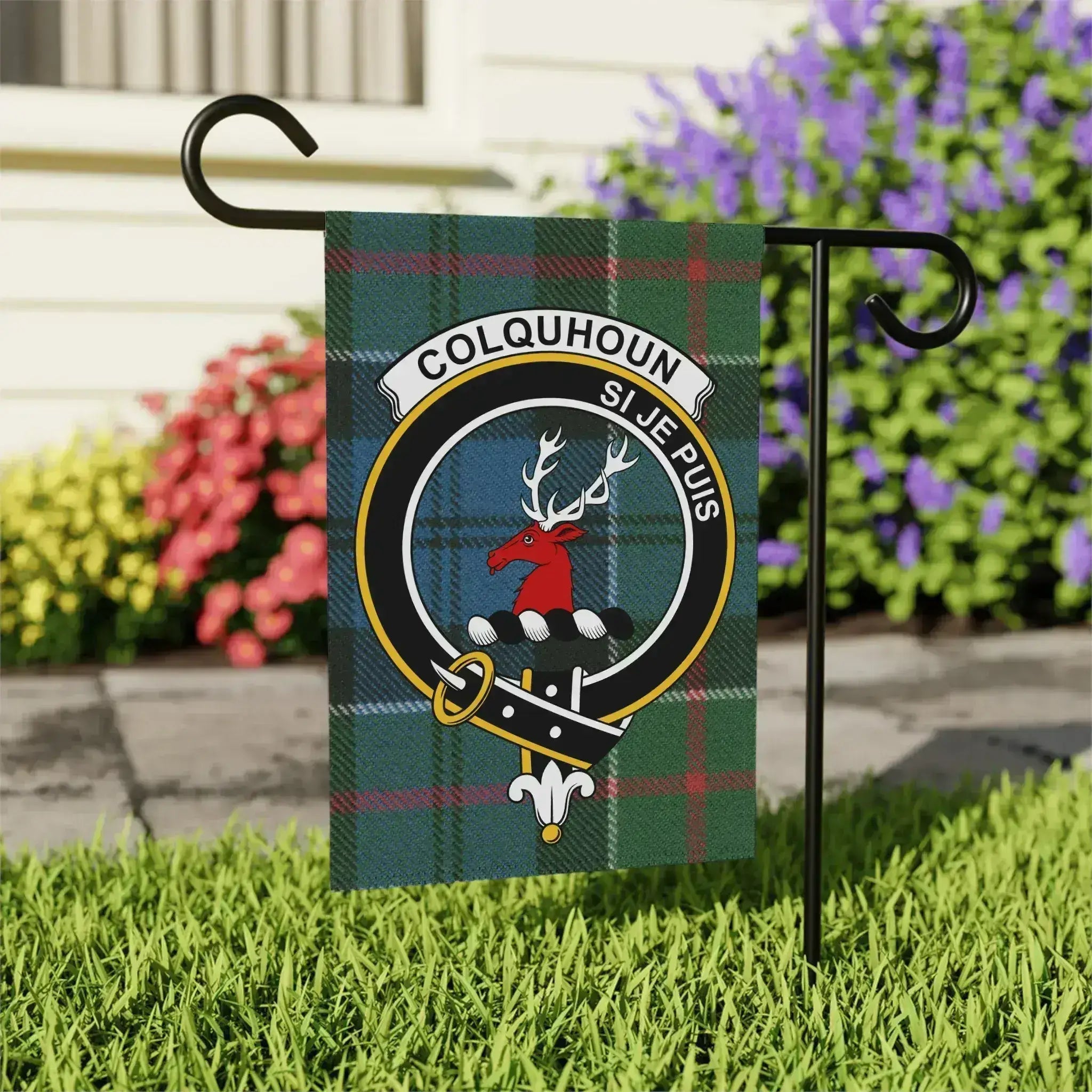 Colquhoun Si Je Puis tartan garden flag 24x32 inches — larger outdoor size with clan crest