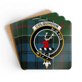 Colquhoun clan crest tartan coaster set of 4 — natural cork squares with sealed stag heraldic design