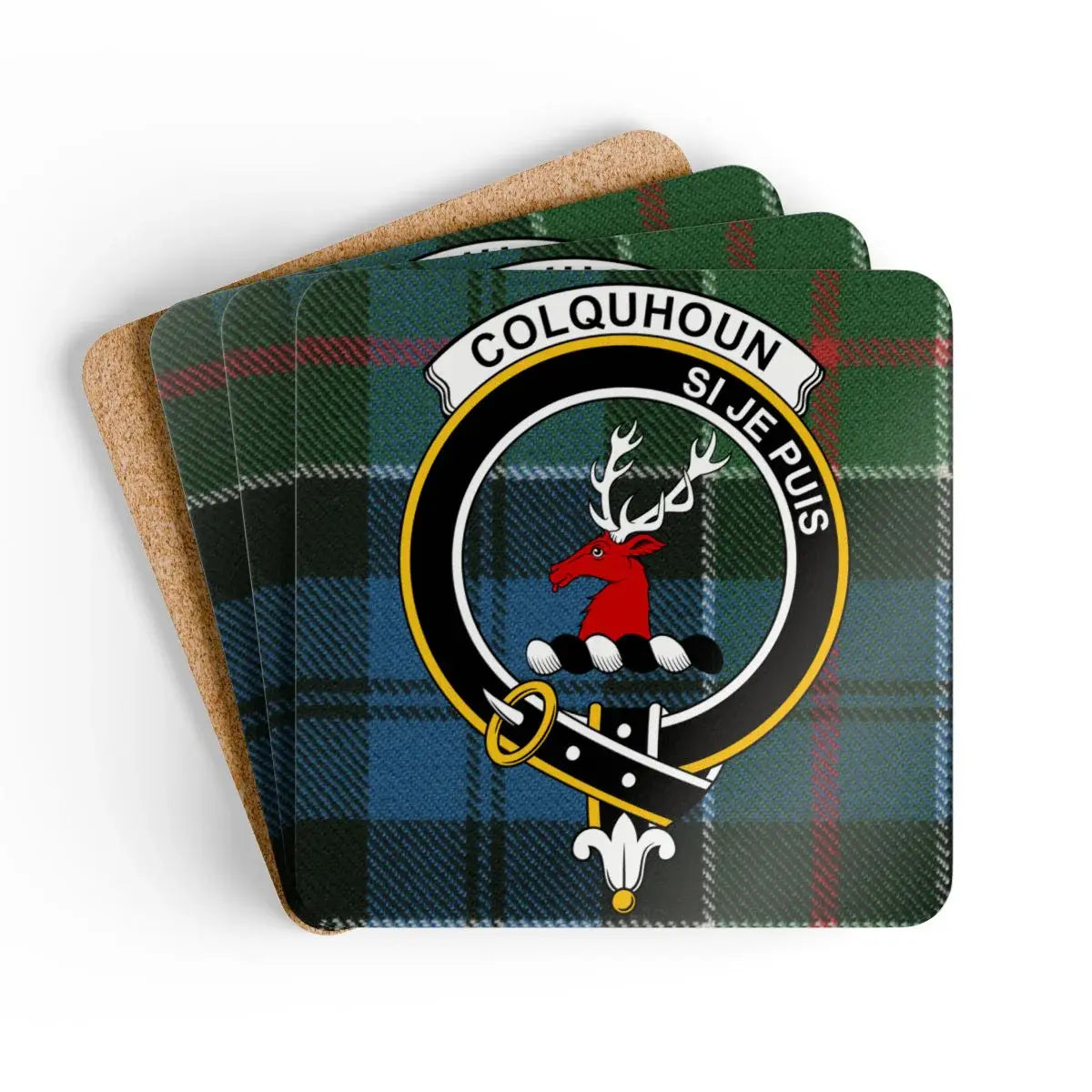 Colquhoun clan crest tartan coaster set of 4 — natural cork squares with sealed stag heraldic design