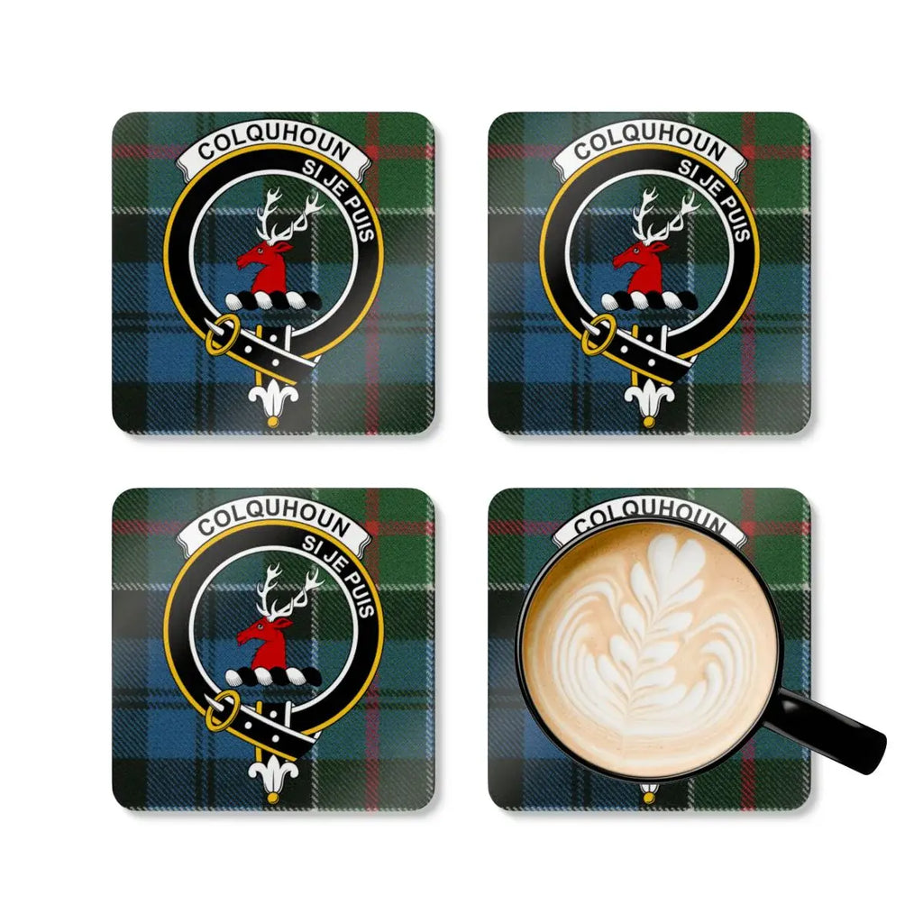 Clan Colquhoun plaid crest coaster set — four cork squares with Si Je Puis design