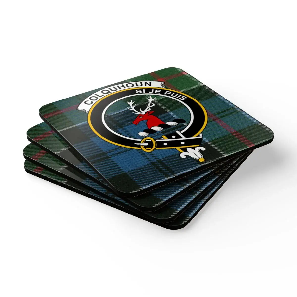 Colquhoun Si Je Puis plaid coaster set — four natural cork squares with clan crest