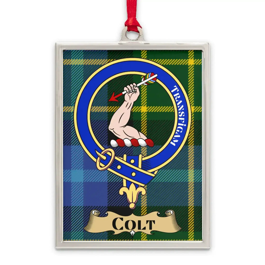 Colt tartan-background crest ornament shown as a Scottish heritage keepsake gift