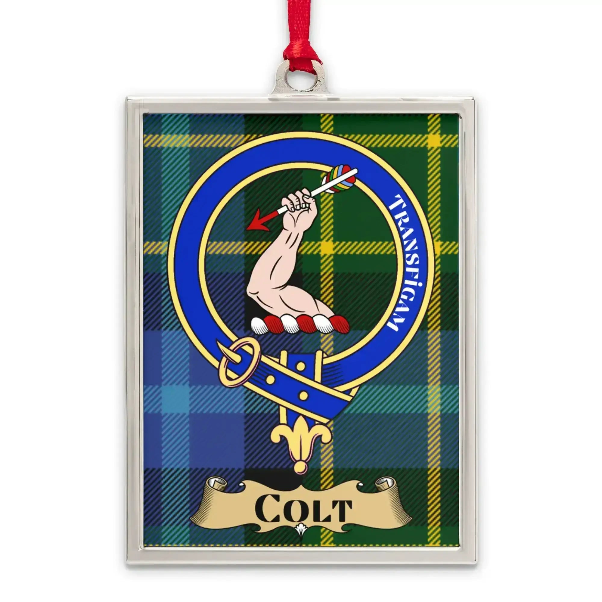 Colt tartan-background crest ornament shown as a Scottish heritage keepsake gift