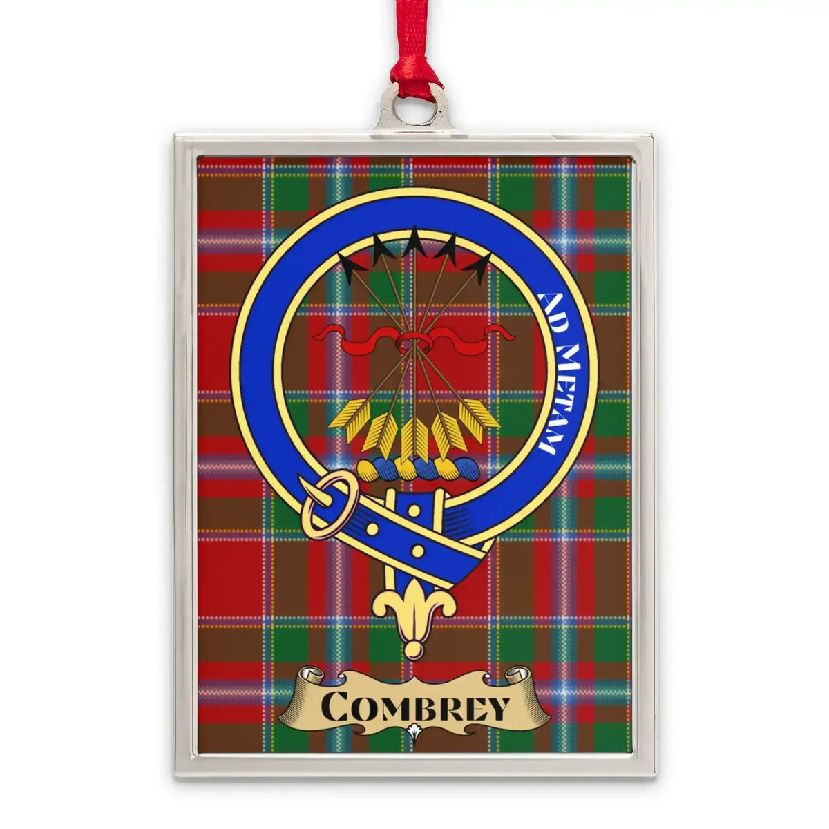 Combrey tartan-background crest ornament shown as a Scottish heritage keepsake gift