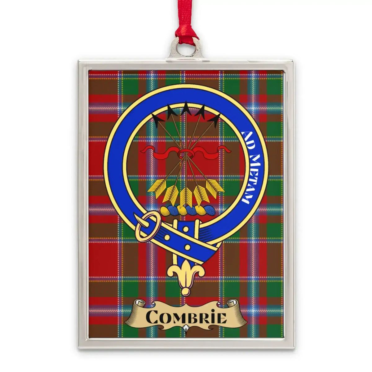 Combrie tartan-background crest ornament shown as a Scottish heritage keepsake gift