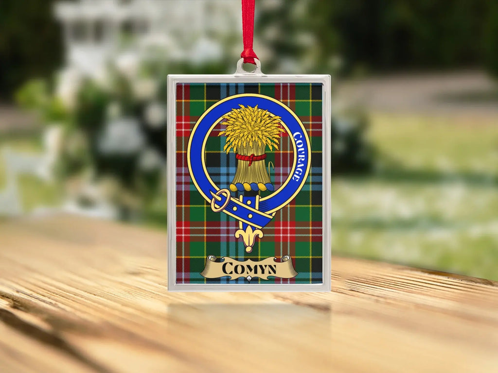 Close-up of the Comyn family crest on a polished silver-frame metal ornament