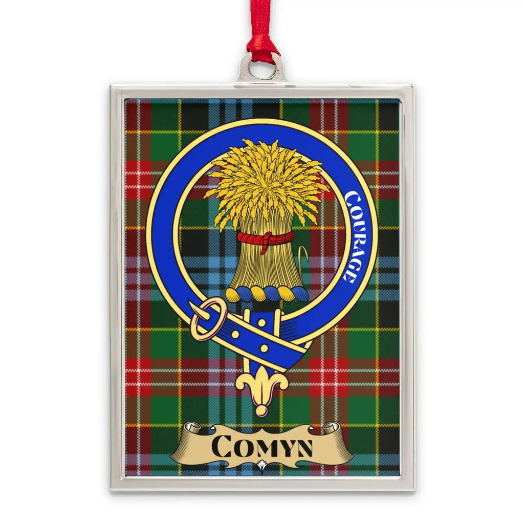 Comyn tartan-background crest ornament shown as a Scottish heritage keepsake gift