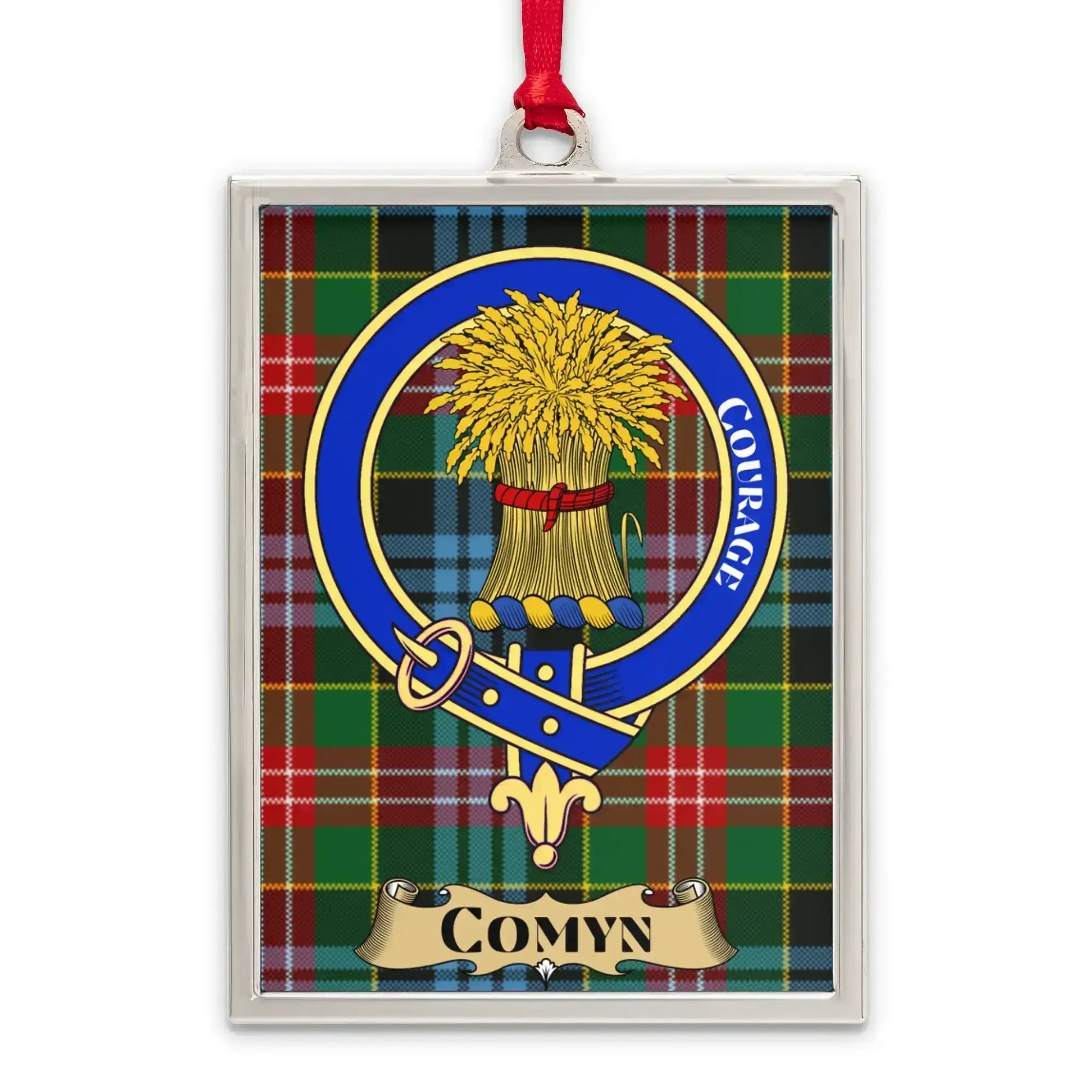 Comyn tartan-background crest ornament shown as a Scottish heritage keepsake gift