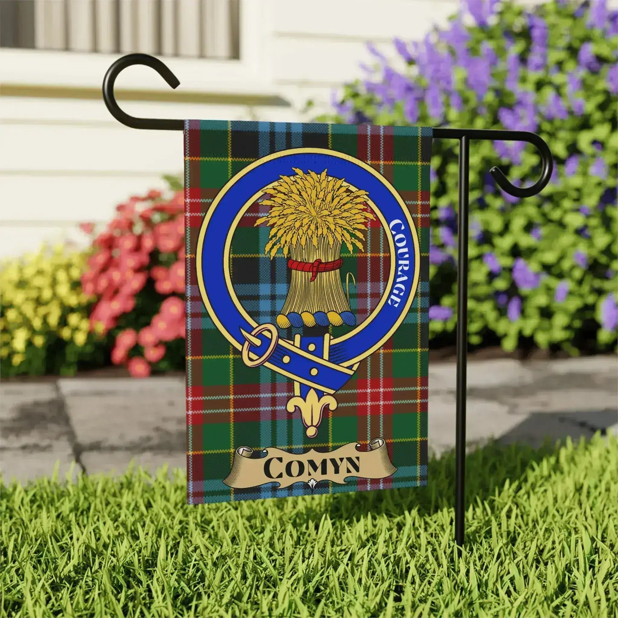 Clan Comyn tartan garden flag displaying crest and motto Courage — 12x18 full-colour outdoor flag