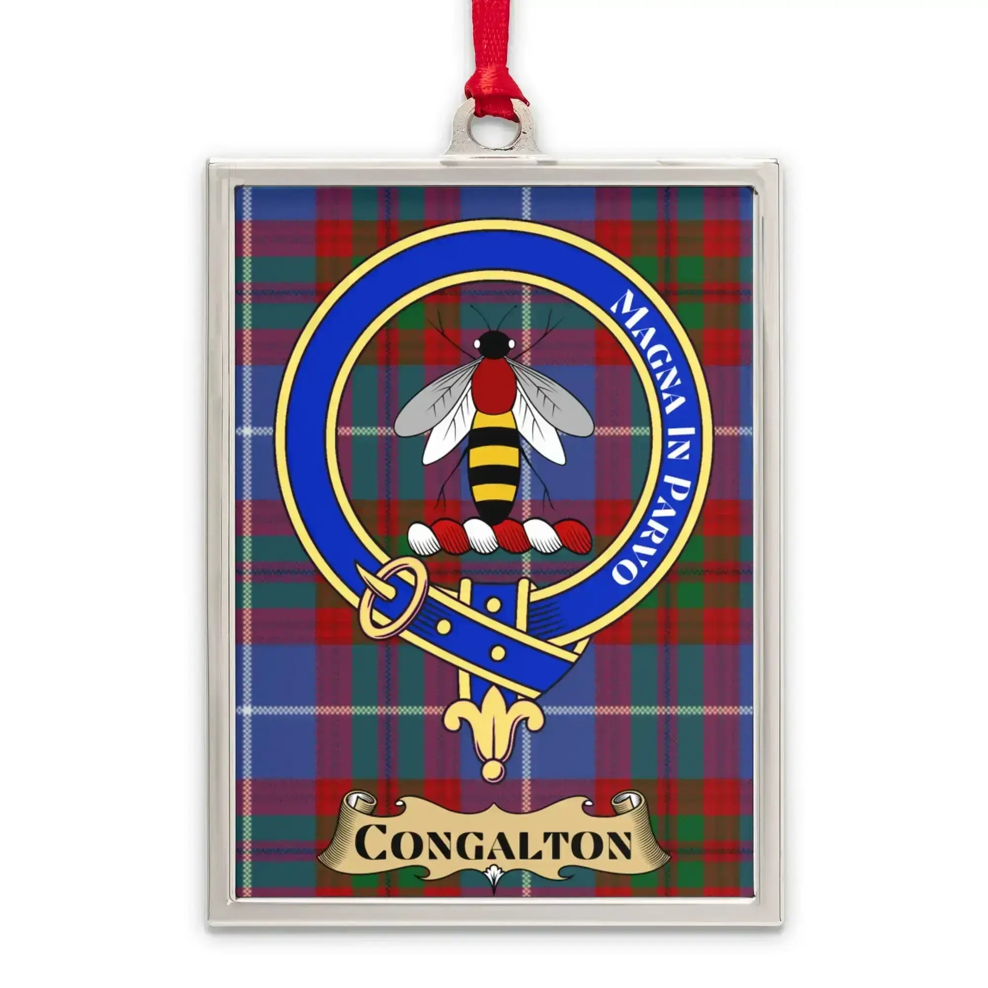 Congalton tartan-background crest ornament shown as a Scottish heritage keepsake gift