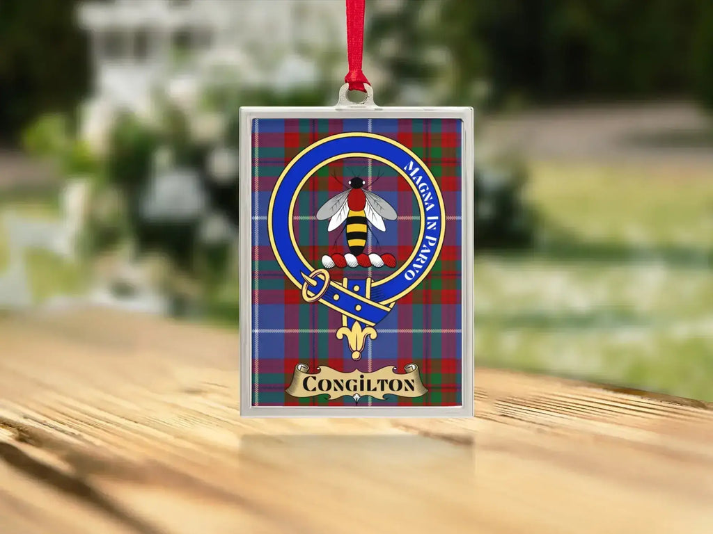 Close-up of the Congilton family crest on a polished silver-frame metal ornament