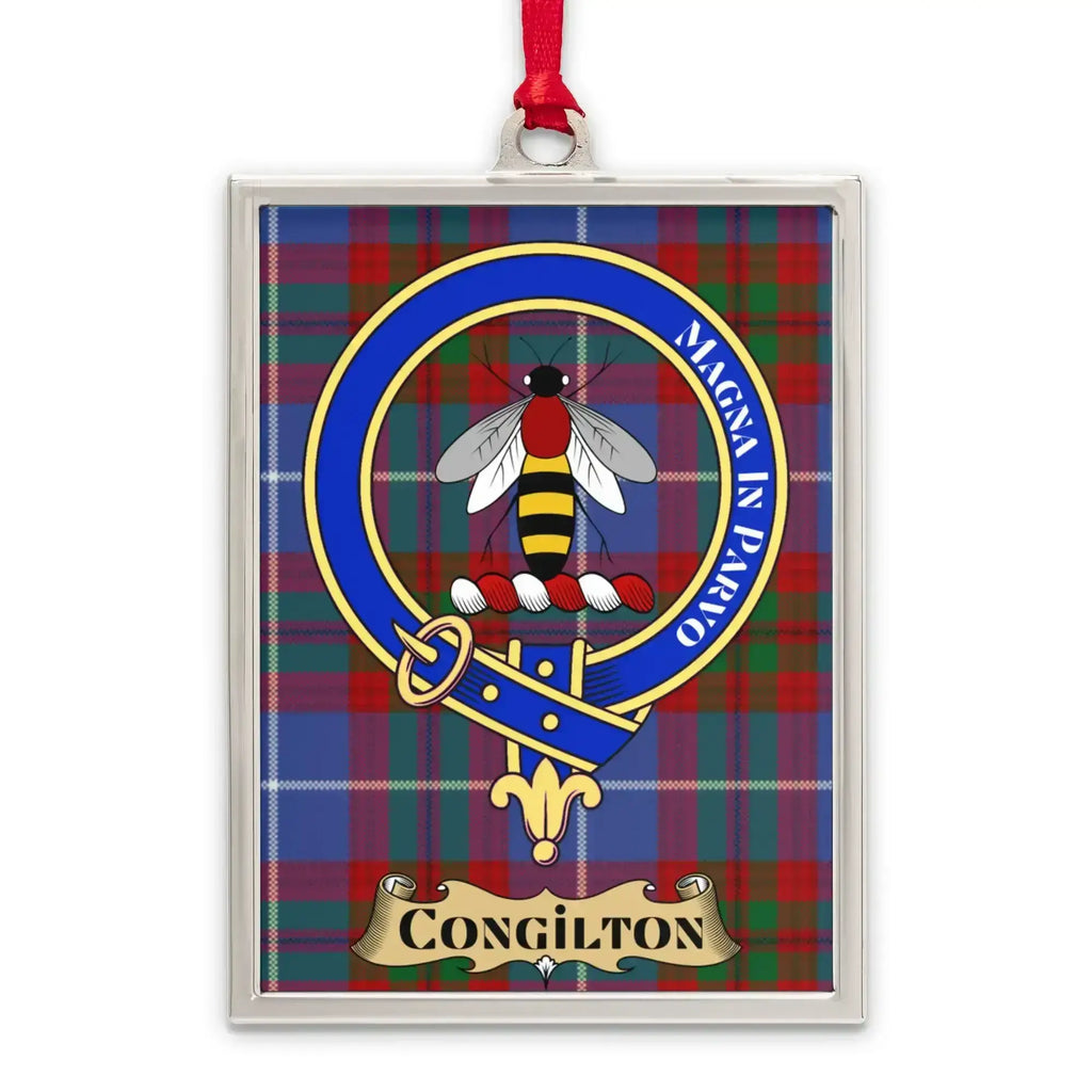 Congilton tartan-background crest ornament shown as a Scottish heritage keepsake gift