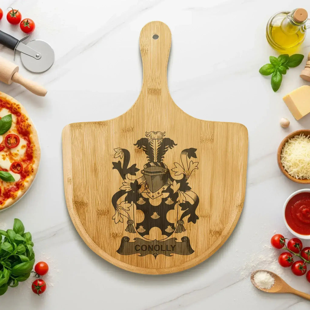 Conolly family crest engraved on bamboo pizza board