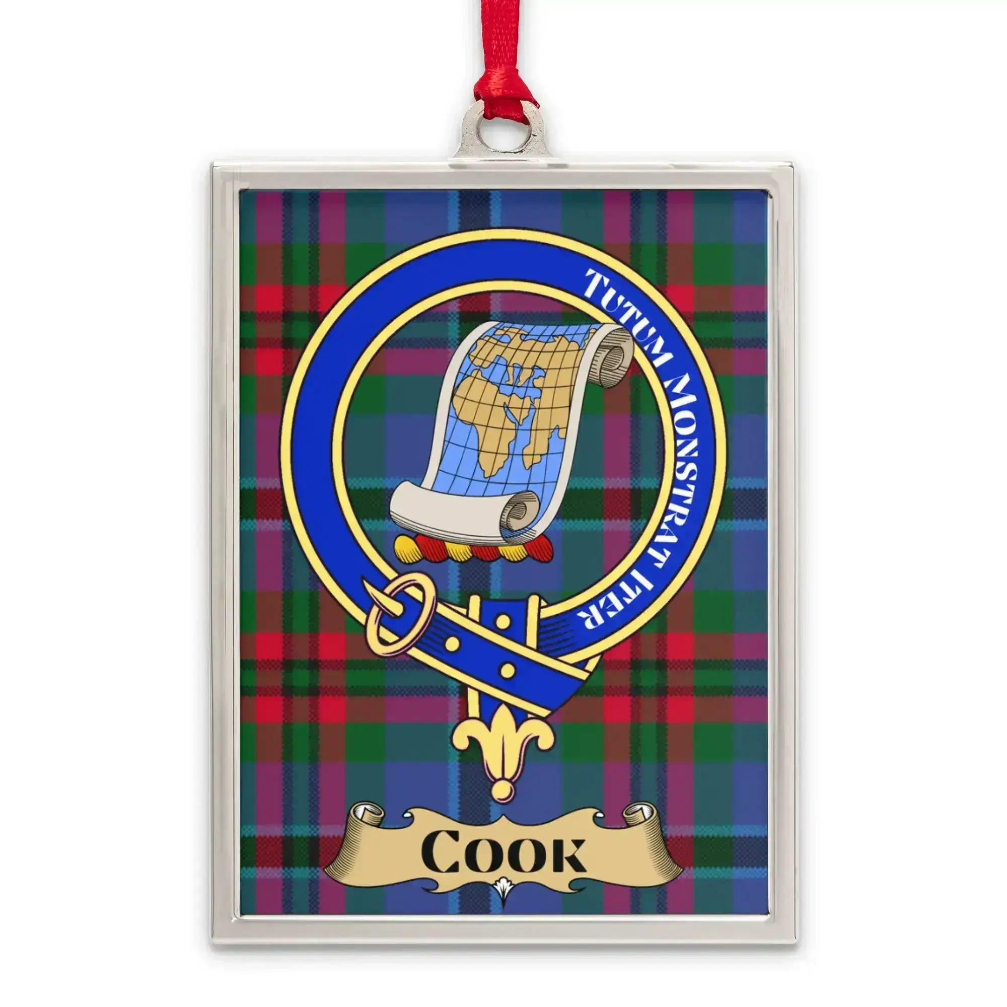 Cook tartan-background crest ornament shown as a Scottish heritage keepsake gift