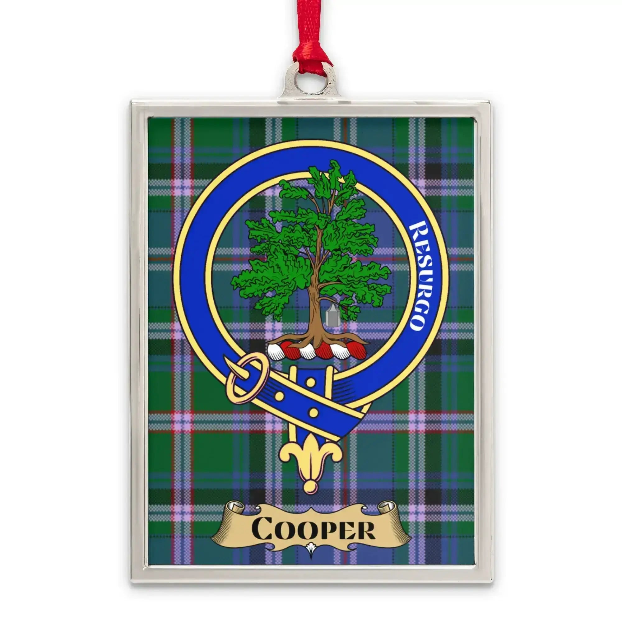 Cooper tartan-background crest ornament shown as a Scottish heritage keepsake gift