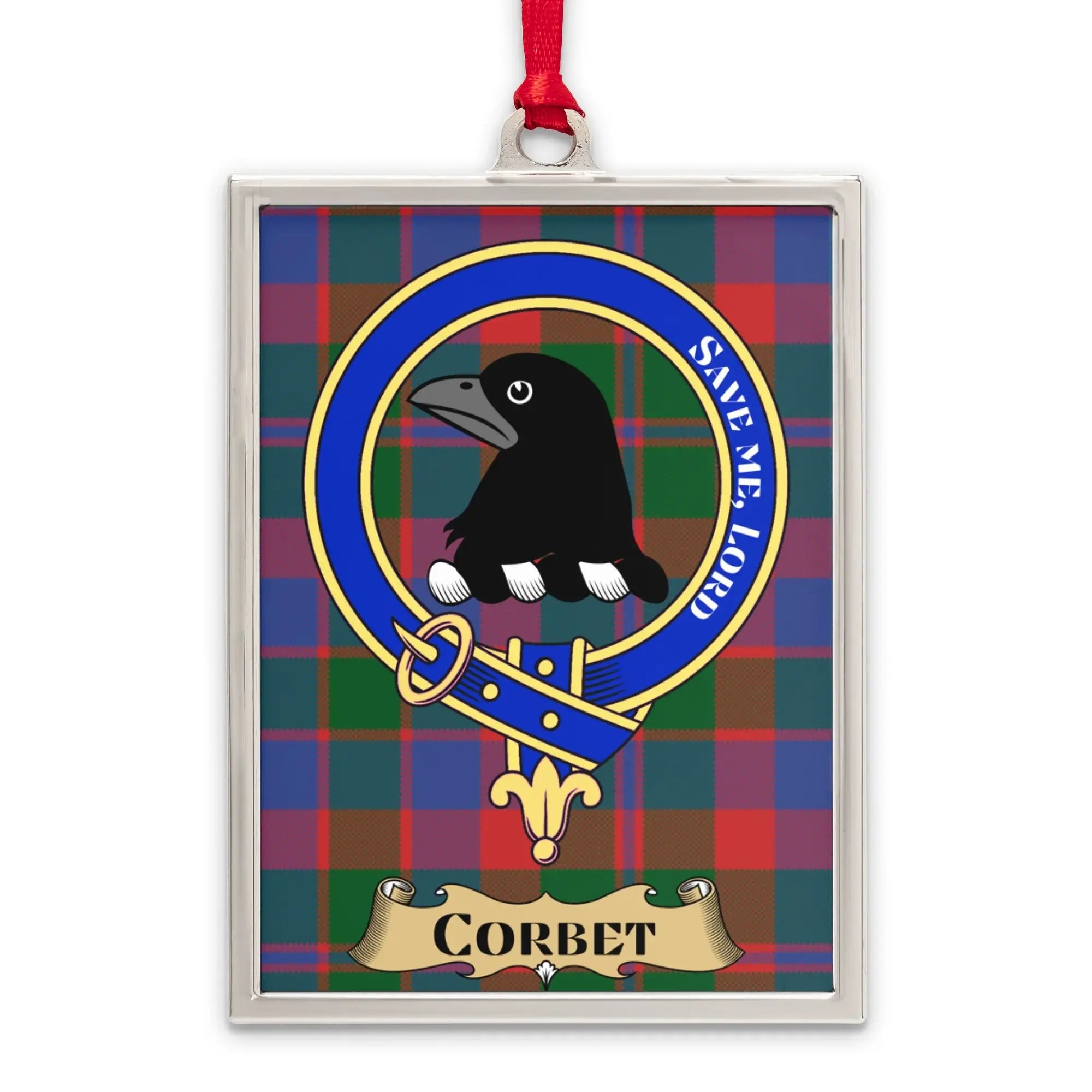 Corbet tartan-background crest ornament shown as a Scottish heritage keepsake gift