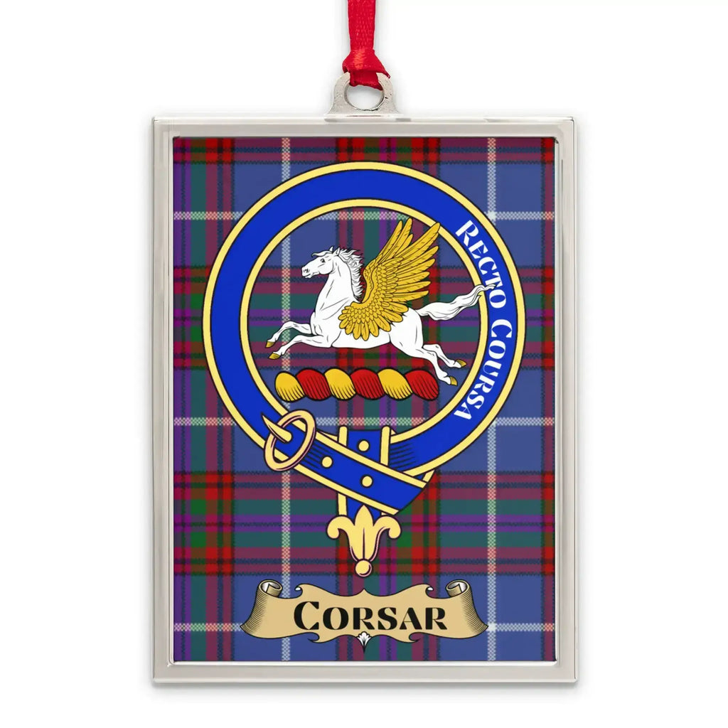 Corsar tartan-background crest ornament shown as a Scottish heritage keepsake gift