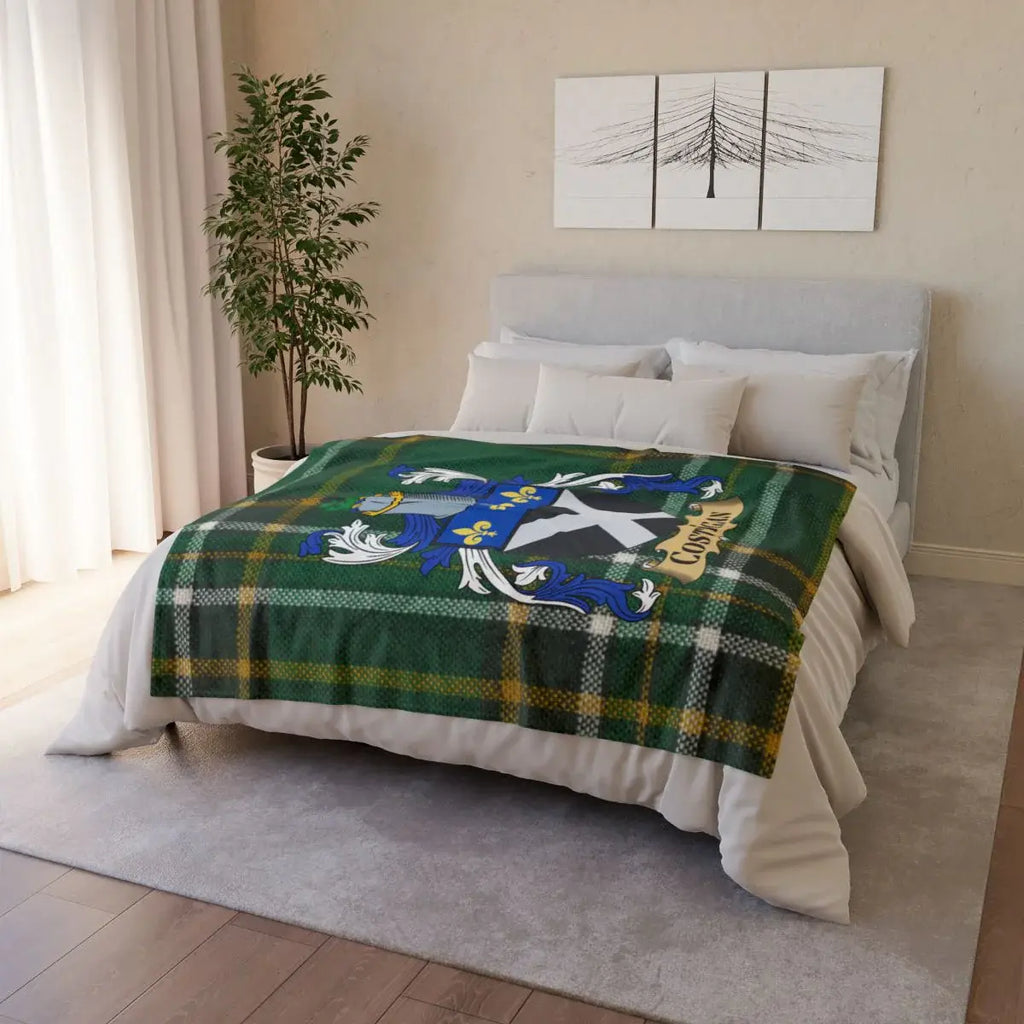 Green Tartan Plaid Blanket with Family Crest Design Blanket
