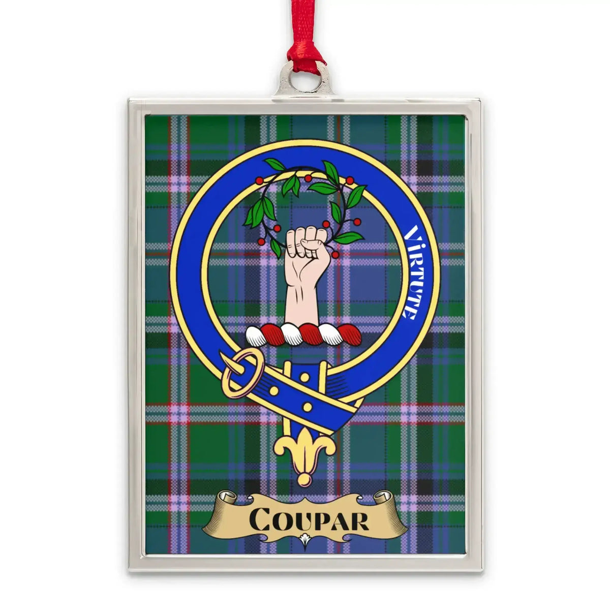 Coupar tartan-background crest ornament shown as a Scottish heritage keepsake gift