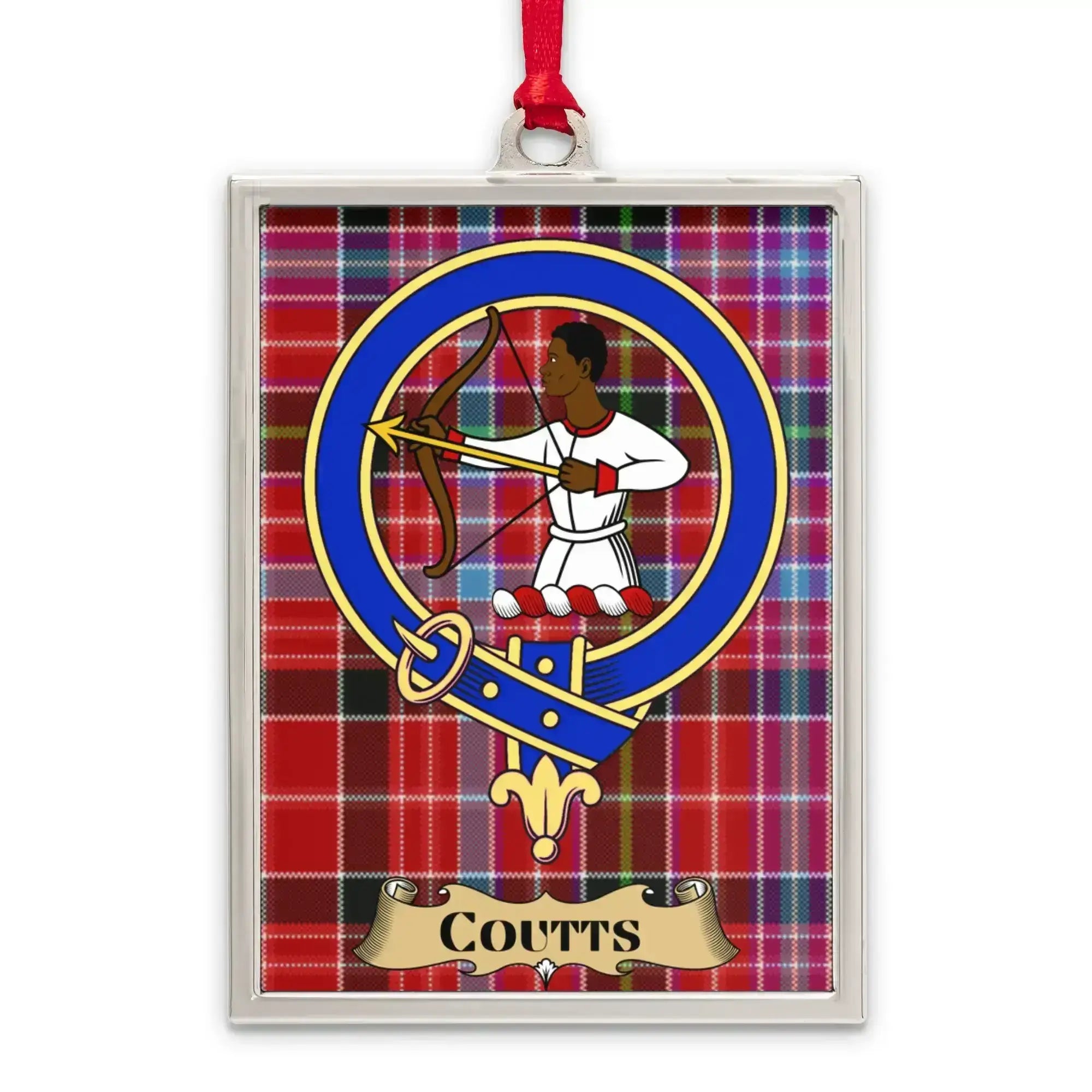 Coutts tartan-background crest ornament shown as a Scottish heritage keepsake gift