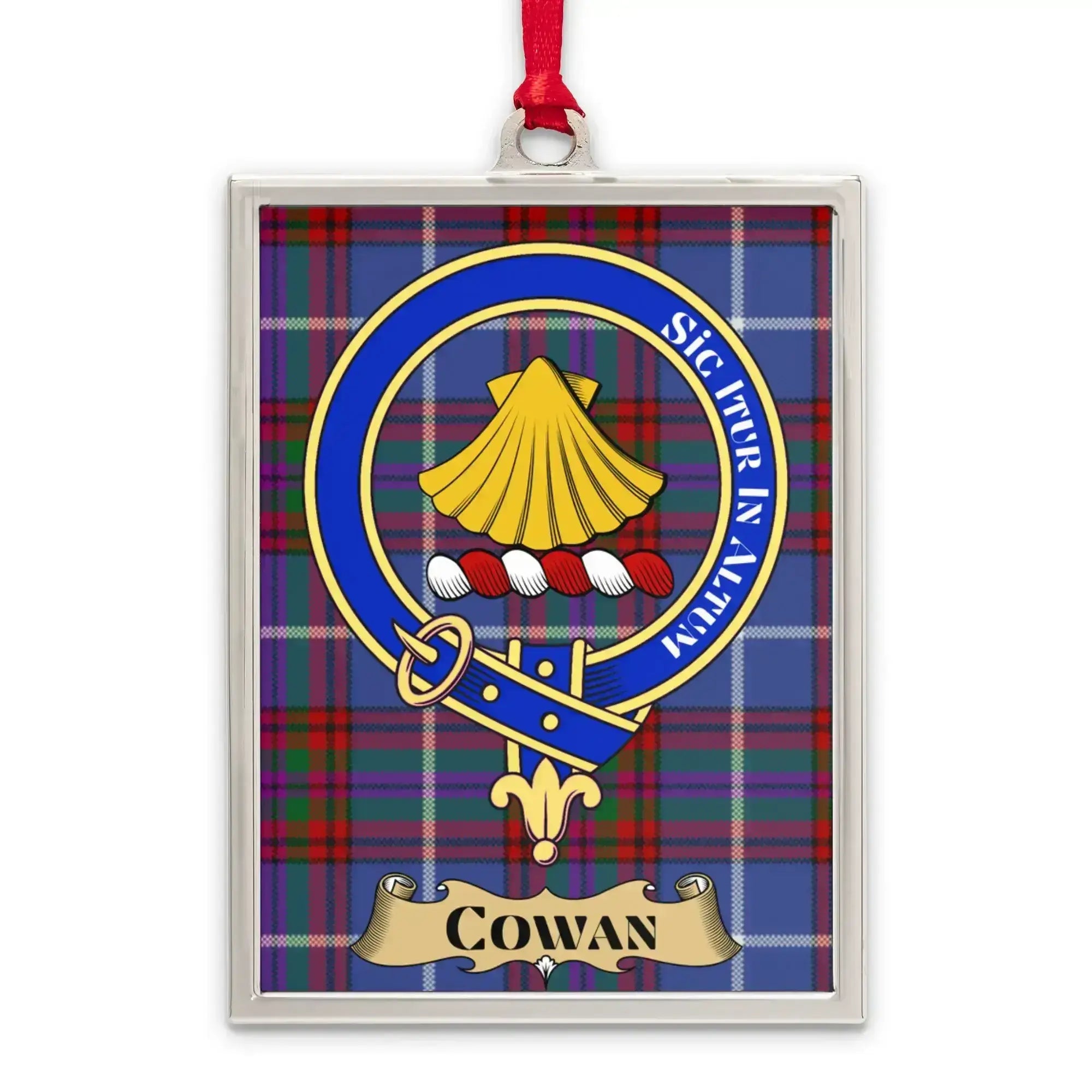 Cowan tartan-background crest ornament shown as a Scottish heritage keepsake gift