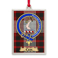 Cox tartan-background crest ornament shown as a Scottish heritage keepsake gift