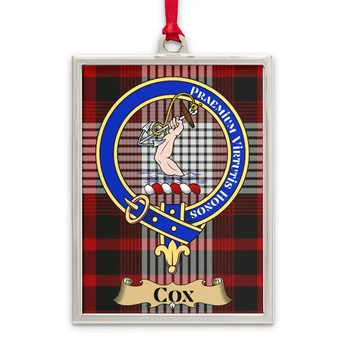 Cox tartan-background crest ornament shown as a Scottish heritage keepsake gift