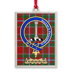 Craigdaillie tartan-background crest ornament shown as a Scottish heritage keepsake gift