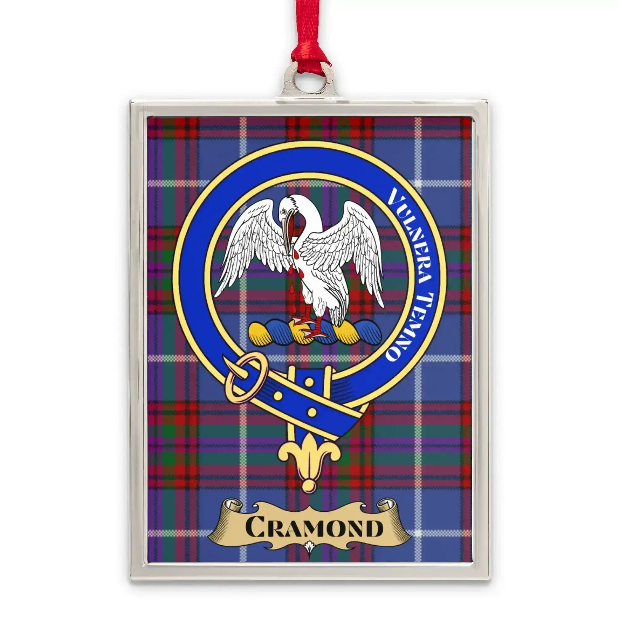 Cramond tartan-background crest ornament shown as a Scottish heritage keepsake gift