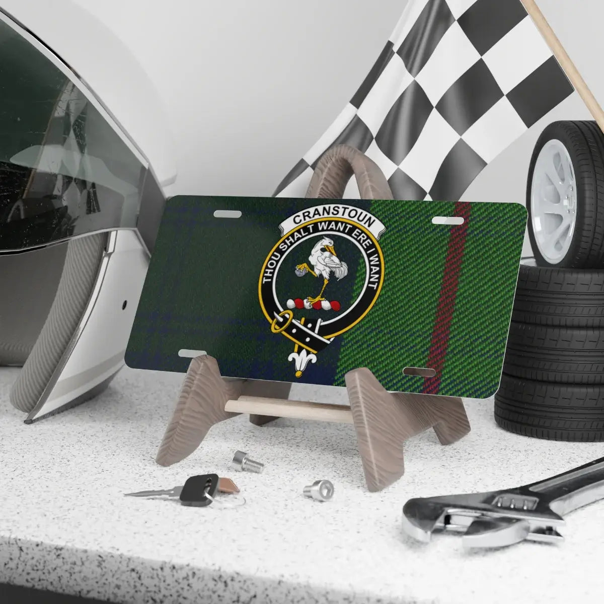 Clan Cranstoun tartan novelty license plate — 12x6 aluminium, crane crest and motto Thou Shalt Want Ere I Want
