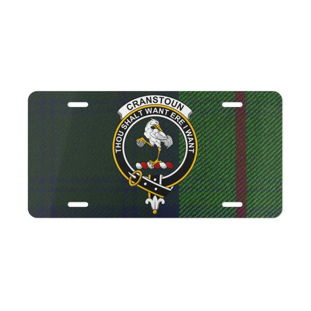 Clan Cranstoun Scottish tartan license plate — full-colour crest print, aluminium, wall display